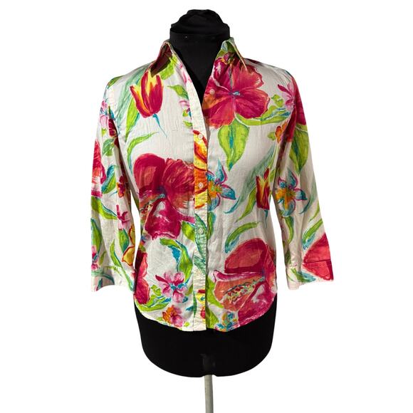 Lauren Ralph Lauren Floral Button Down Shirt — Tropical Cruise Resort Cotton M - Picture 5 of 8
